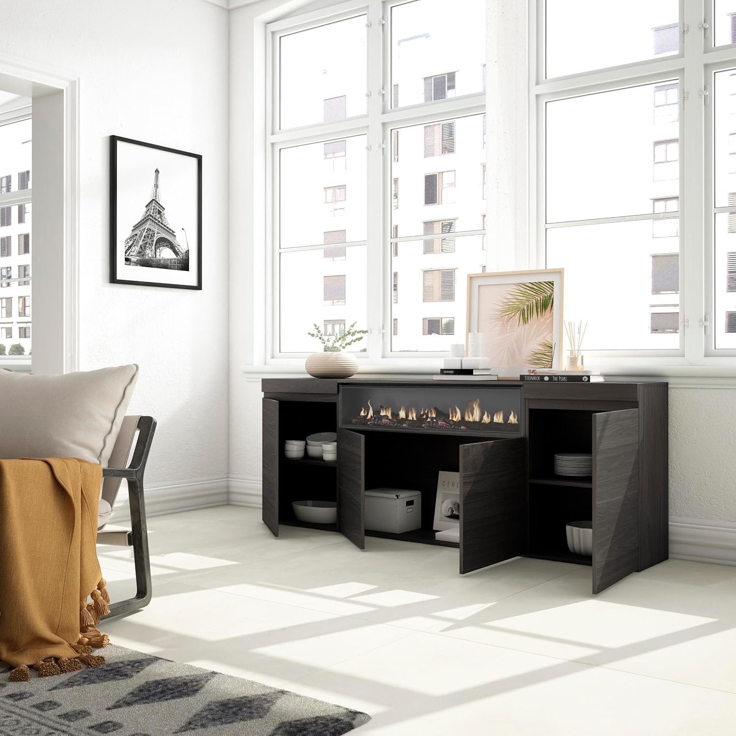Skraut Home | Sideboard, Highboard | Kommode, Komodenschrank | 200x75x35cm | 4 Türen | Elektrokamin. Maße | Moderner Stil | Schwarz