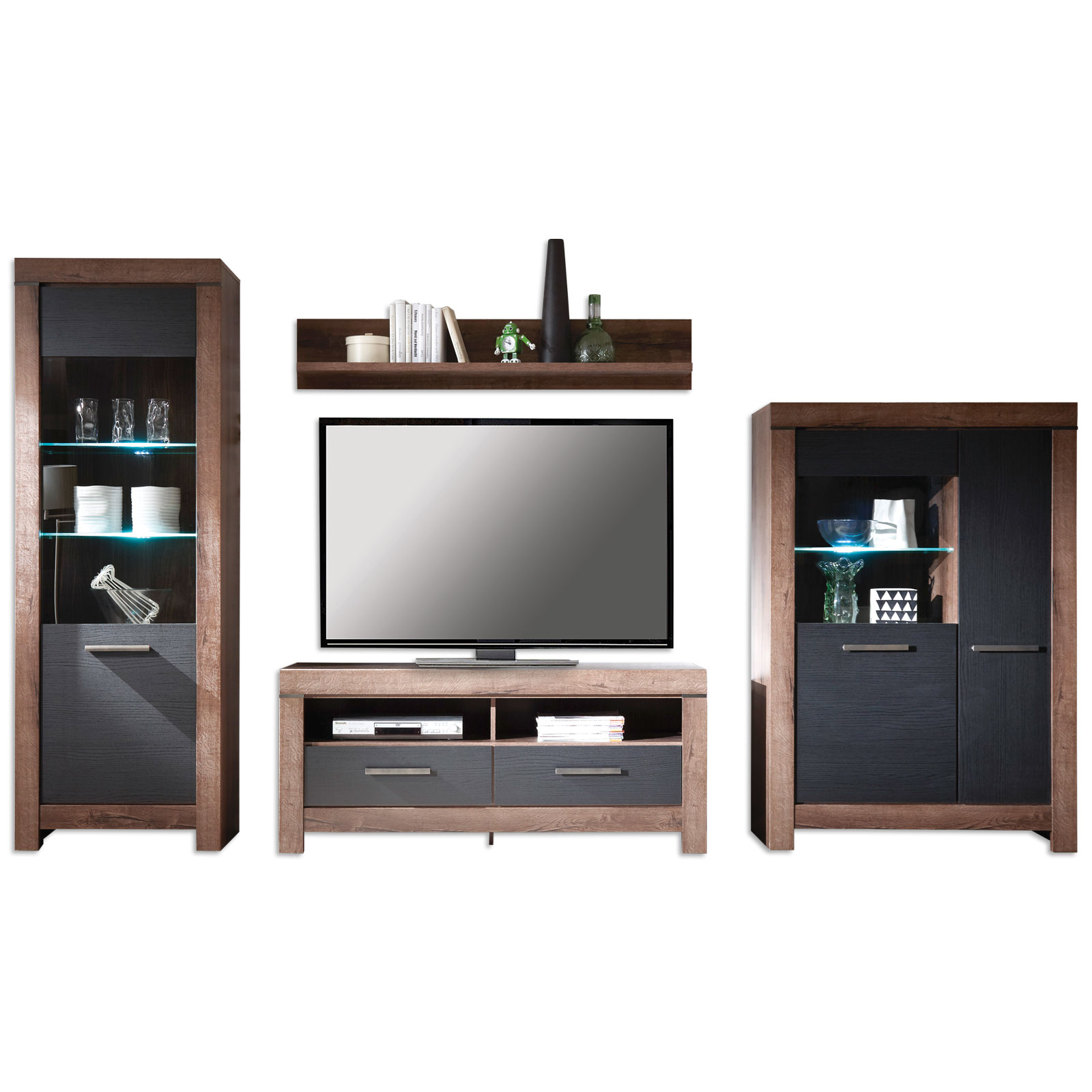 4-teiliges Wohnwand-Set - Schlammeiche-Schwarzeiche - Vitrine