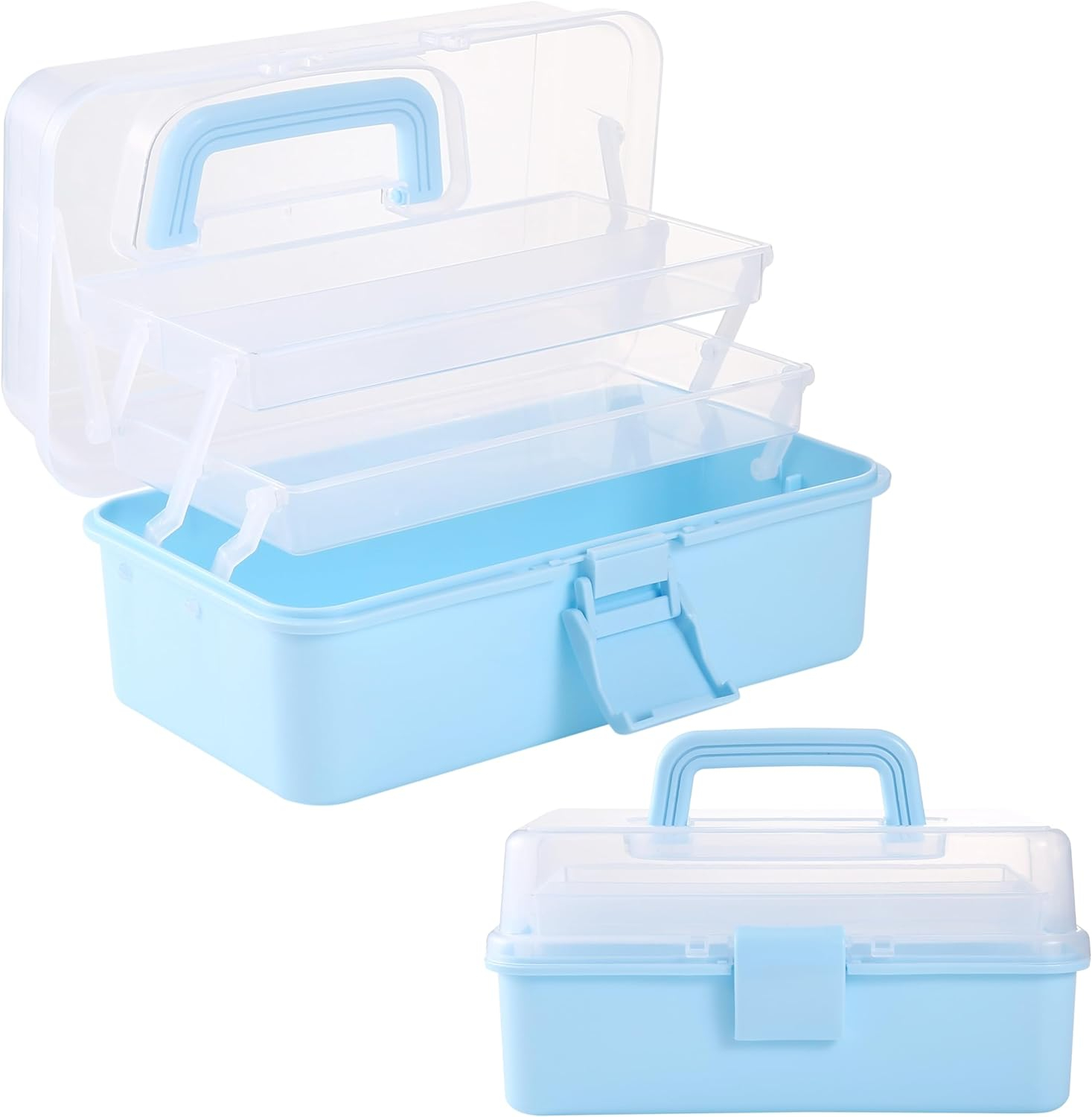 (27x16cm) 3 Etagen Aufbewahrungs Box 4-facher Organizer für Spielzeug / Mercerie / Büro   Bastelzubehör - Transparent / Blau