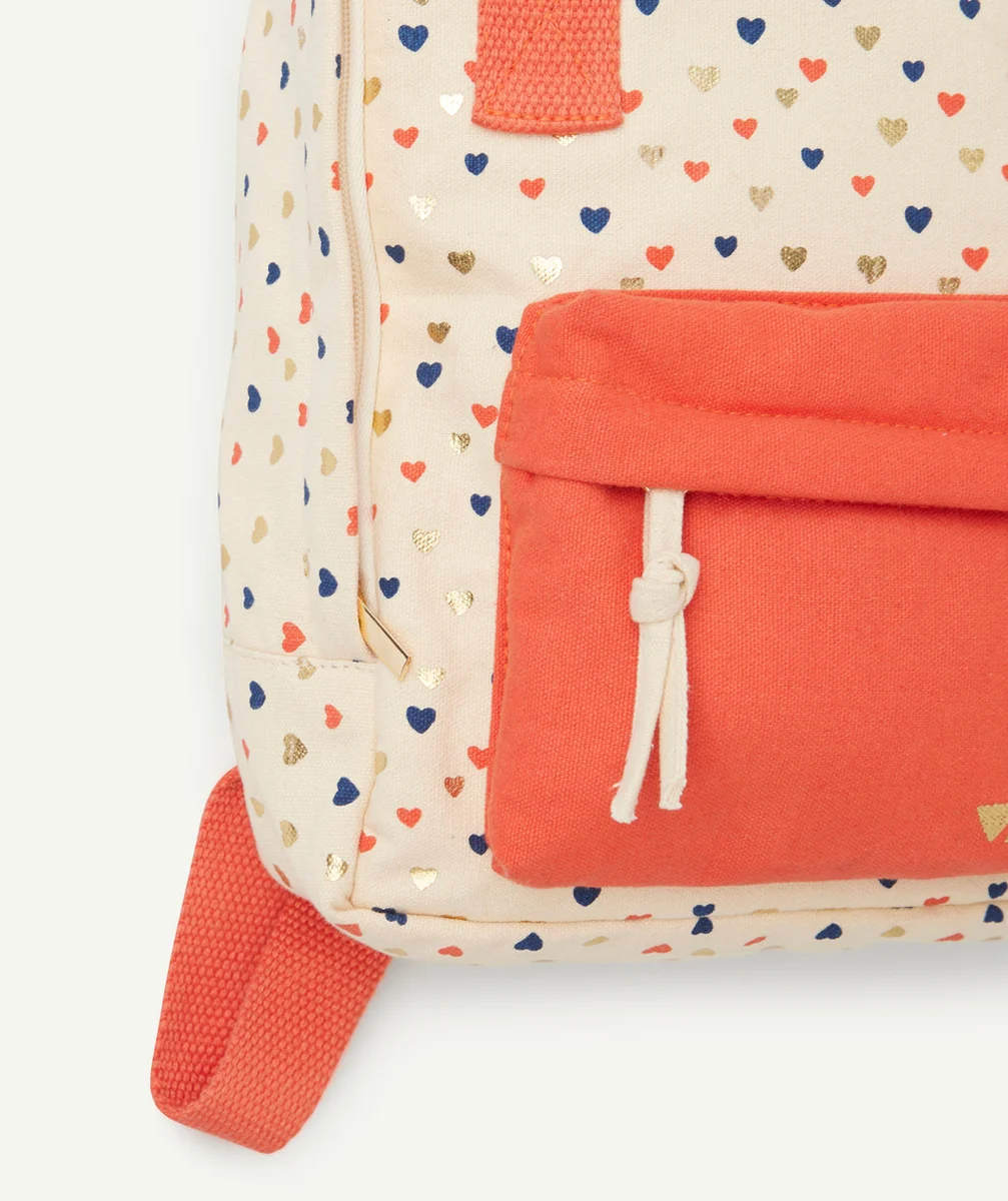 SAC À DOS BÉBÉ FILLE ÉCRU ET ORANGE AVEC IMPRIMÉ COEUR