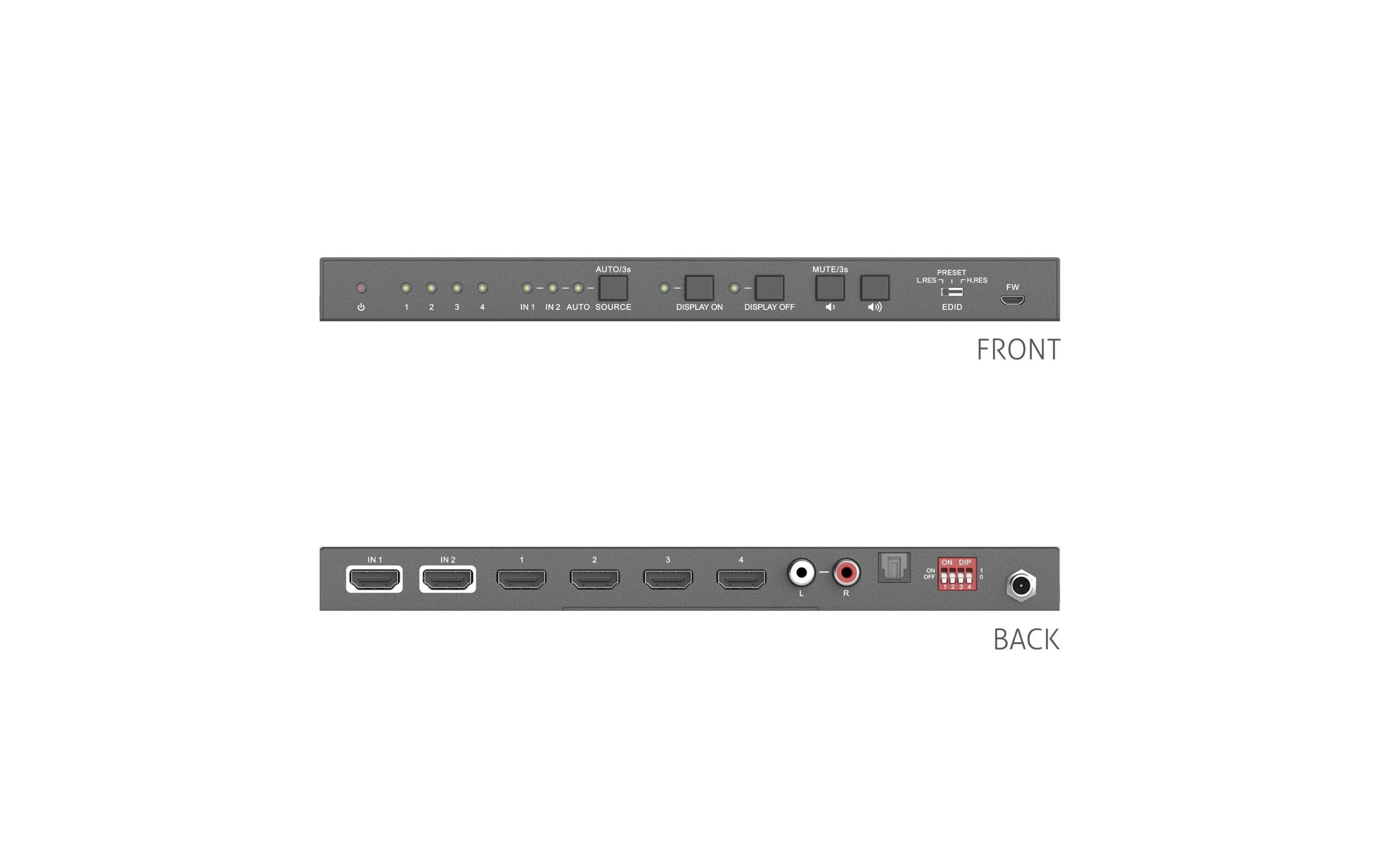 Splitter PT-SP-HD24DA HDMI<br>4K 18Gbps HDMI Splitter mit Scaler und Audioauskopplung