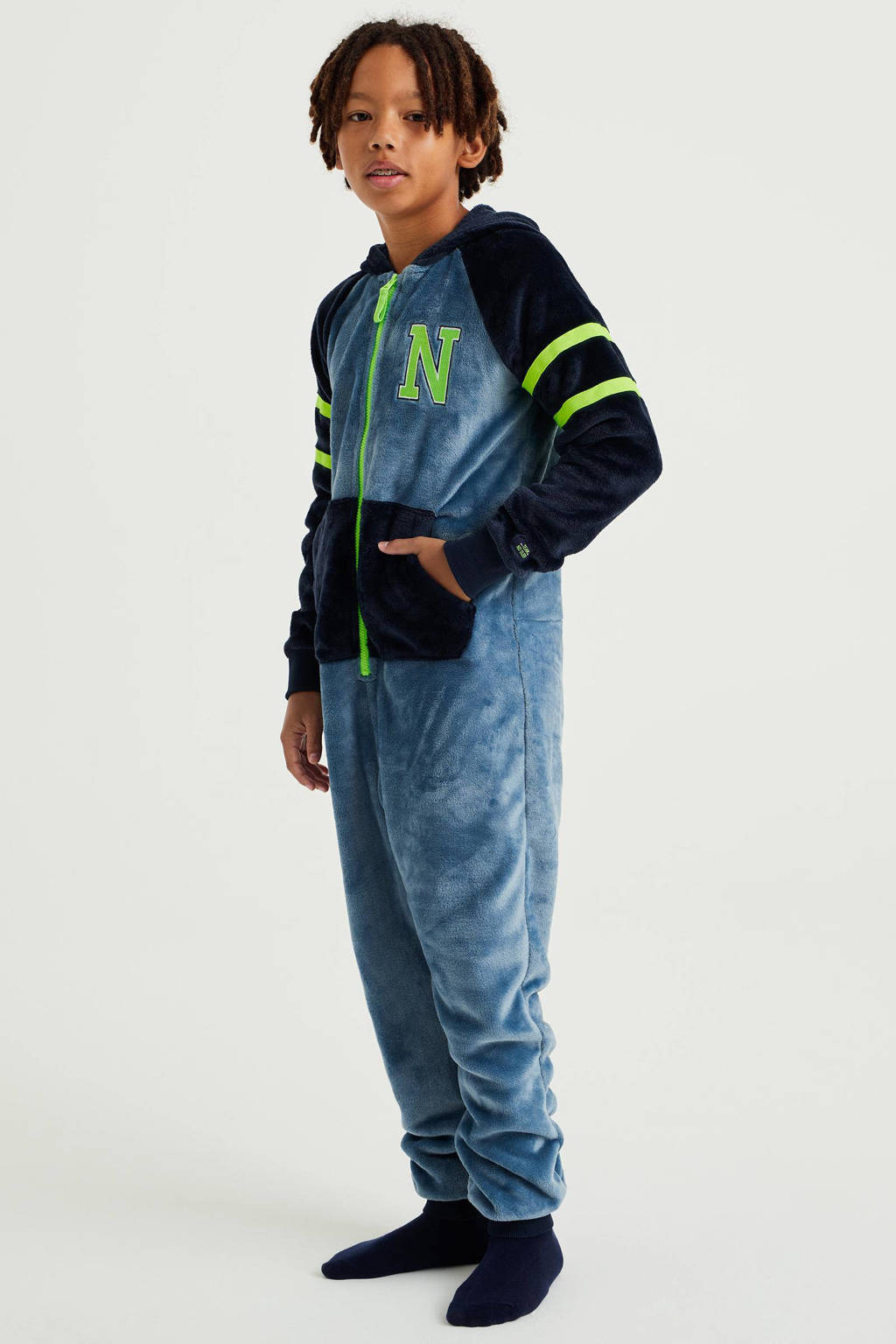 WE Fashion fleece onesie donkerblauw/lichtblauw
