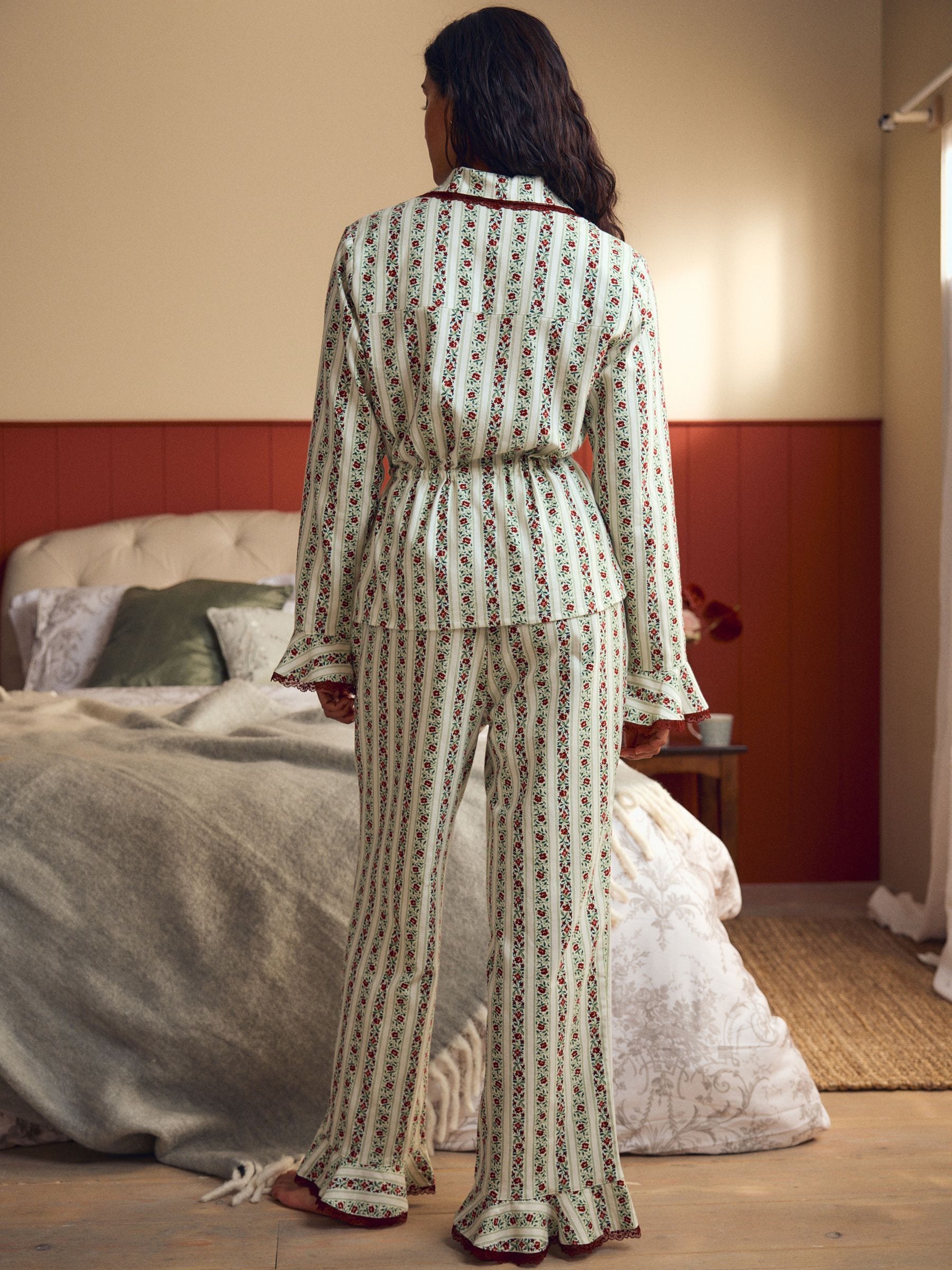 Laura Ashley Festive Christmas Kelbrook Stripe Button Through Pyjamas with Lace Edge