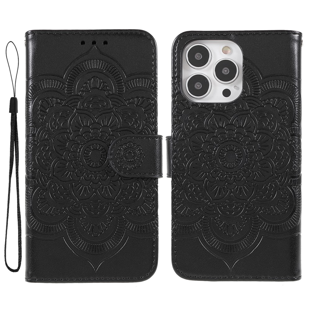 iPhone 13 Pro Leder Tasche Wallet - Mandala Flowers Imprint - Schwarz