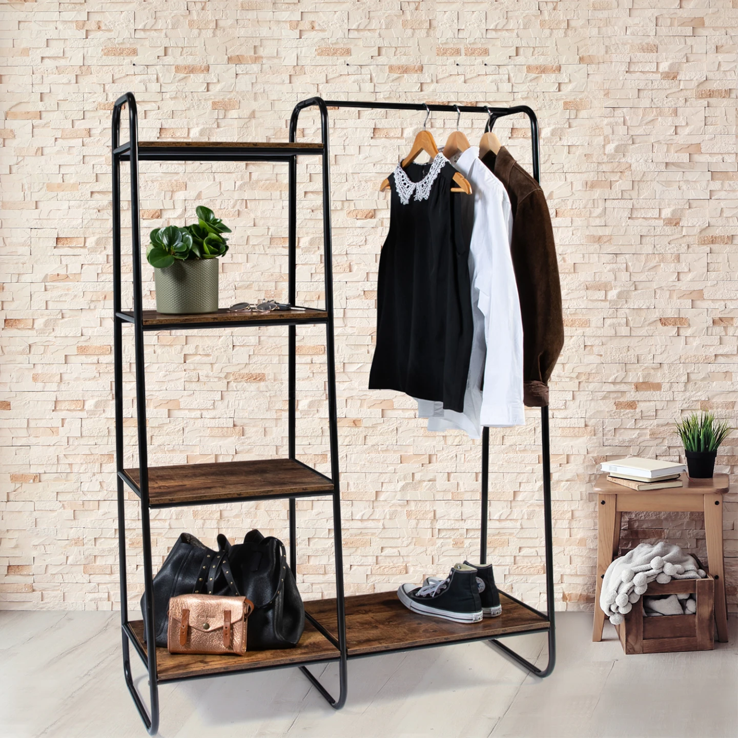 Dressing penderie PAOLO avec étagères bois vieilli et métal