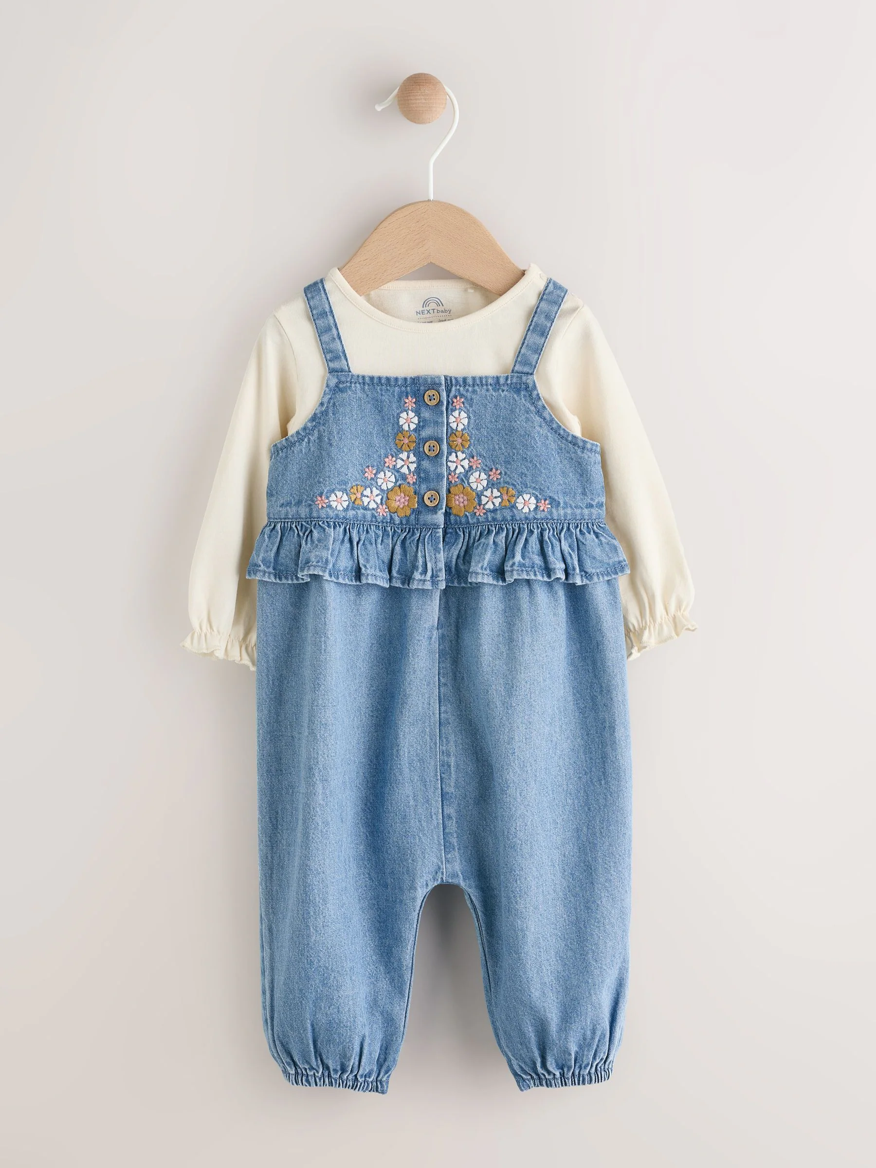 Blue Embroidered Denim - Babyset van bodysuit met lange mouwen & bretelbroek (0mnd -2jr)