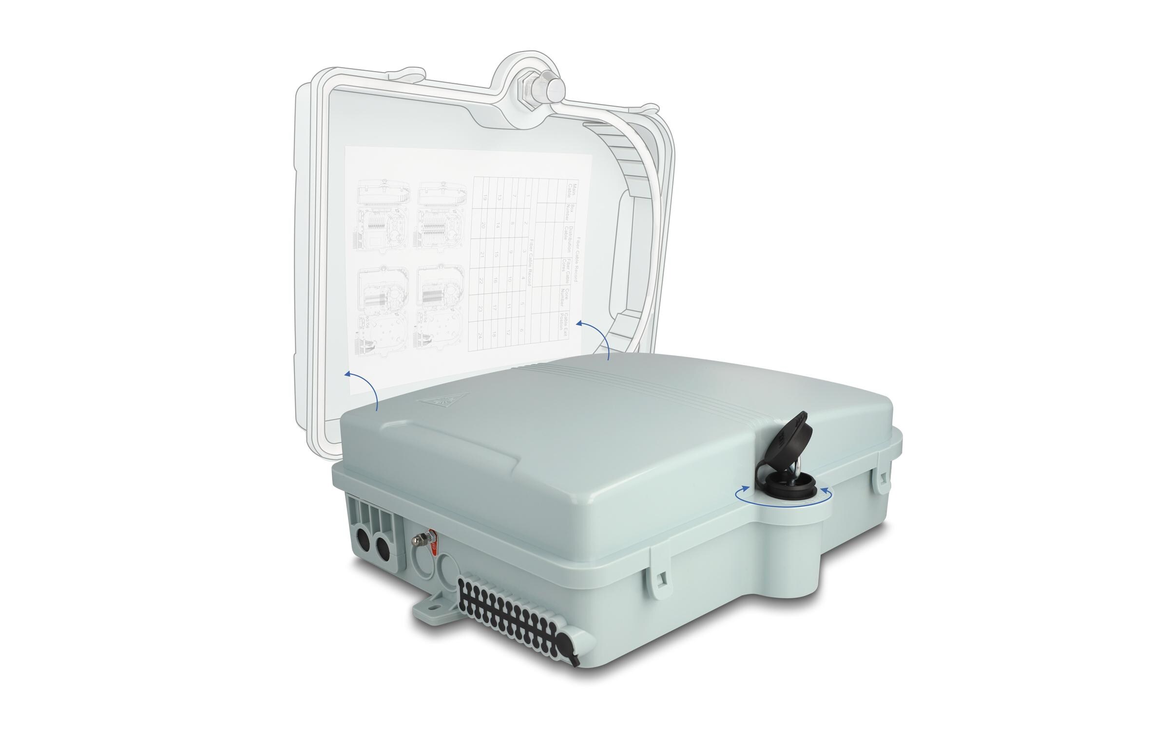 LWL Verteilerbox IP65, 24 Port, GrauDelock LWL Verteilerbox für Innen- und Aussenbereich IP65 wasserfest abschliessbar 24 Port grau
