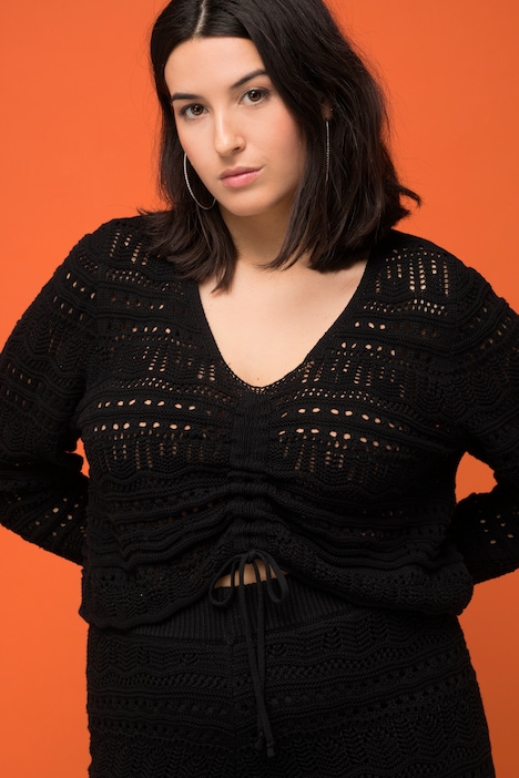 Ajour-Pullover, Loose Fit, Raffband, Wellensaum, Langarm