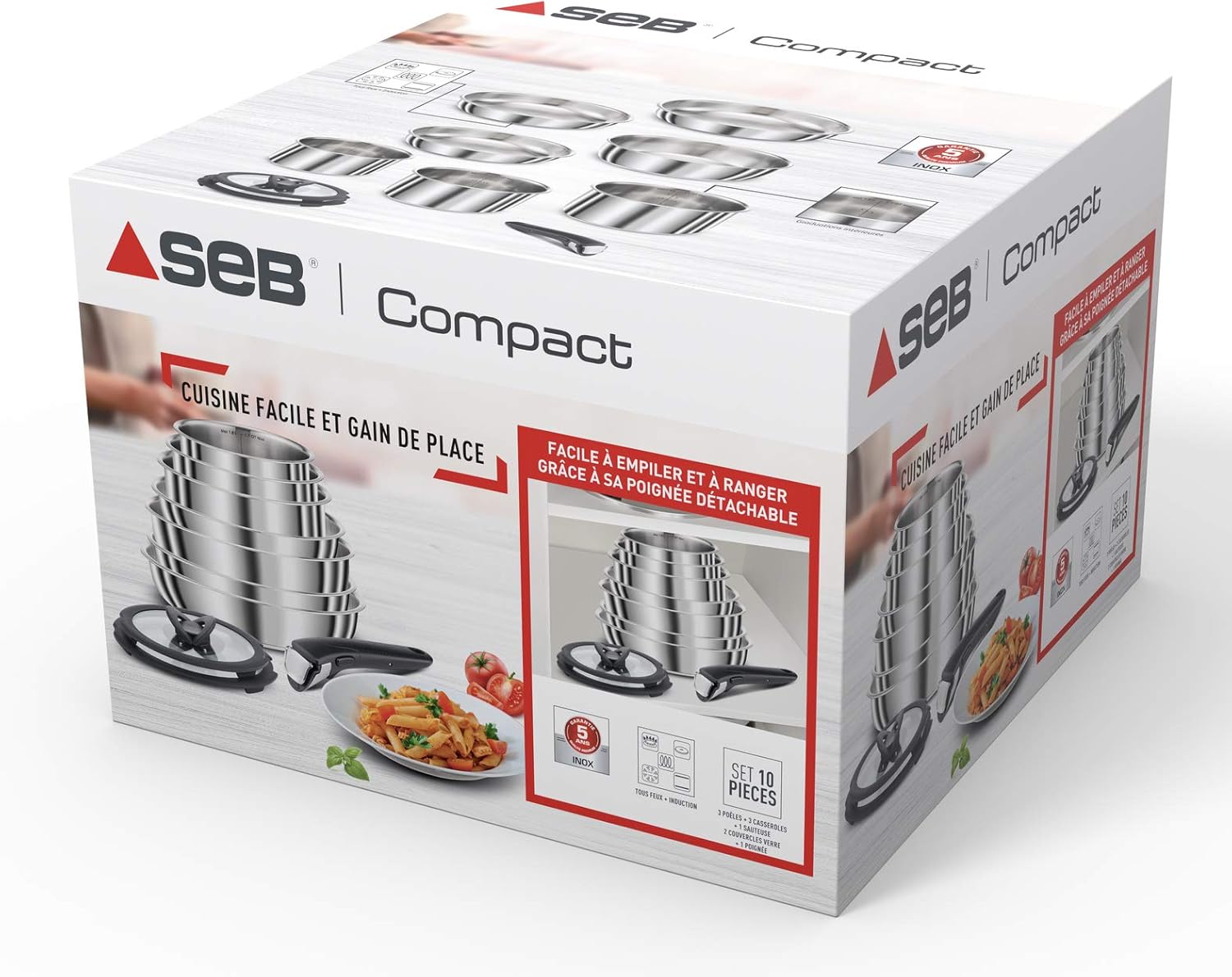 Seb Compact Inox Batterie de cuisine 10 pièces, Induction, Poêles 22/24/26 cm, Casseroles 16/18/20 cm, Sauteuse 24 cm, Couvercles 18/20 cm, 1 poignée L953SA04, Noir, argent, ‎35.4 x 35.29 x 26.8 cm
