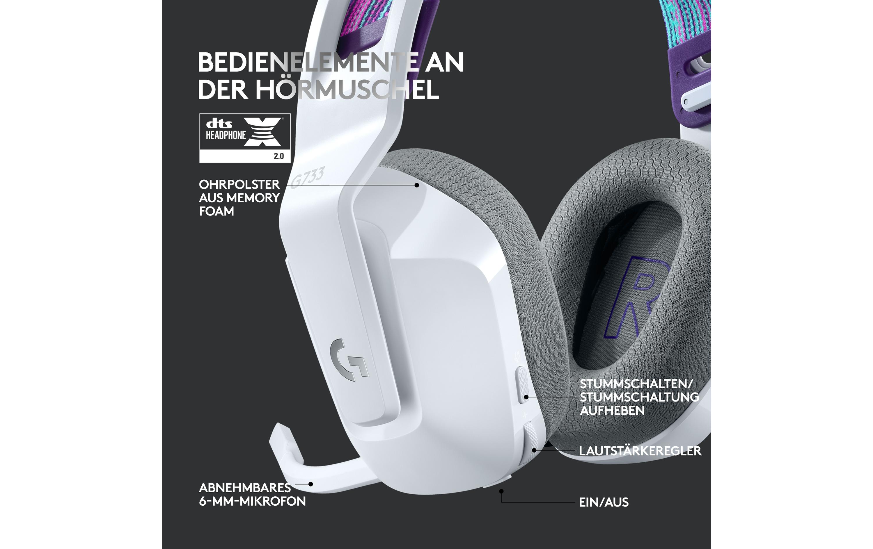 Headset G733 Lightspeed WeissWireless-Gaming-Headset mit DTS 7.1 Surround-Sound und RGB Beleuchtung