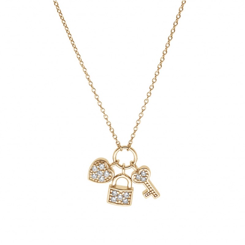 Collier femme pampilles Cadenas, coeur et clefs - Plaqué or