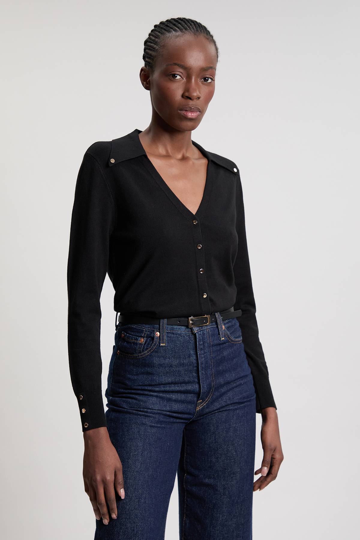 KarenMillen Cardigan En Maille Mélangée Viscose À Col Et Détails Pressions