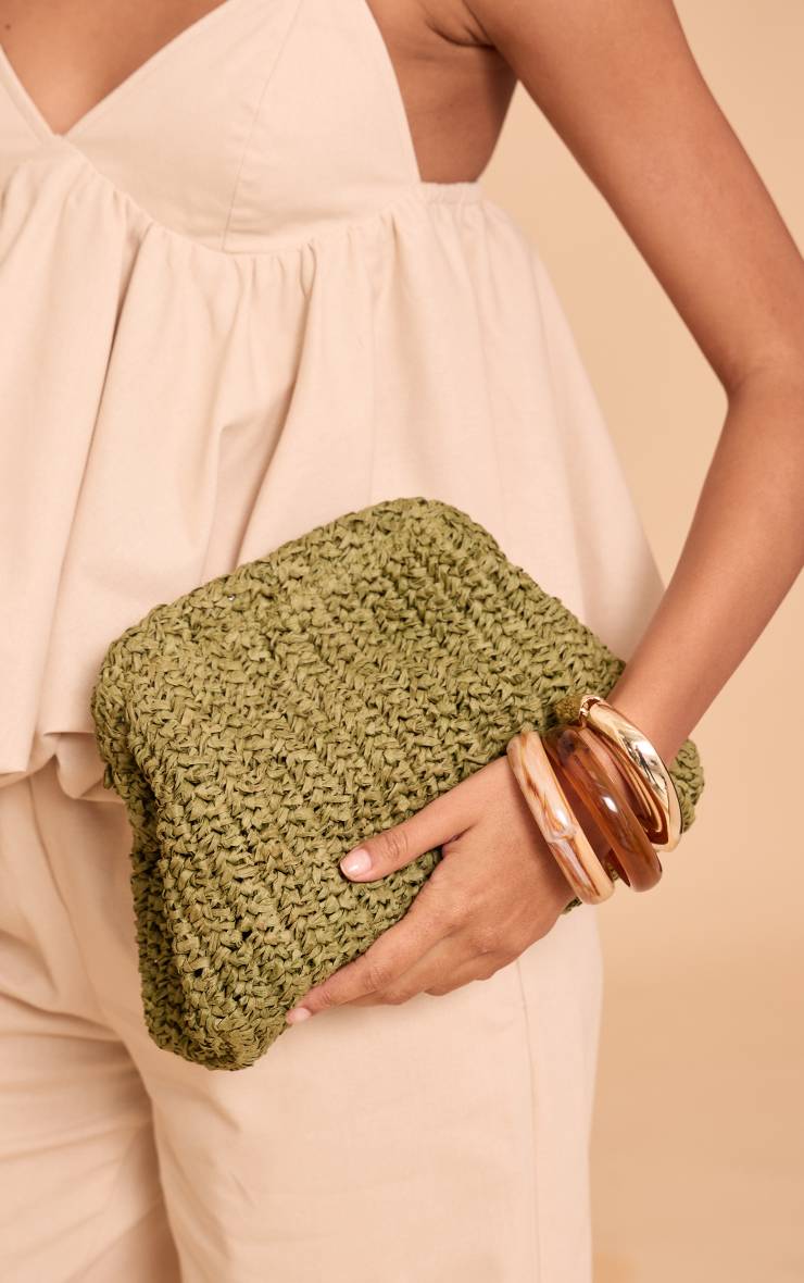 Vert Olive Pochette Souple En Raphia