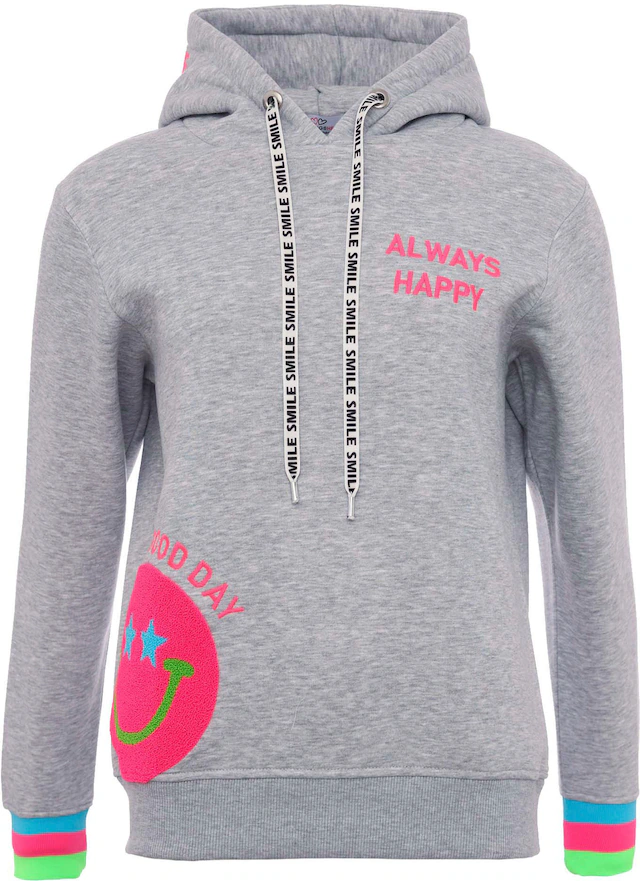Zwillingsherz Hoodie »Always Happy«, Smiley aus Frottee, Neon-Details, Kapuze, Langarm