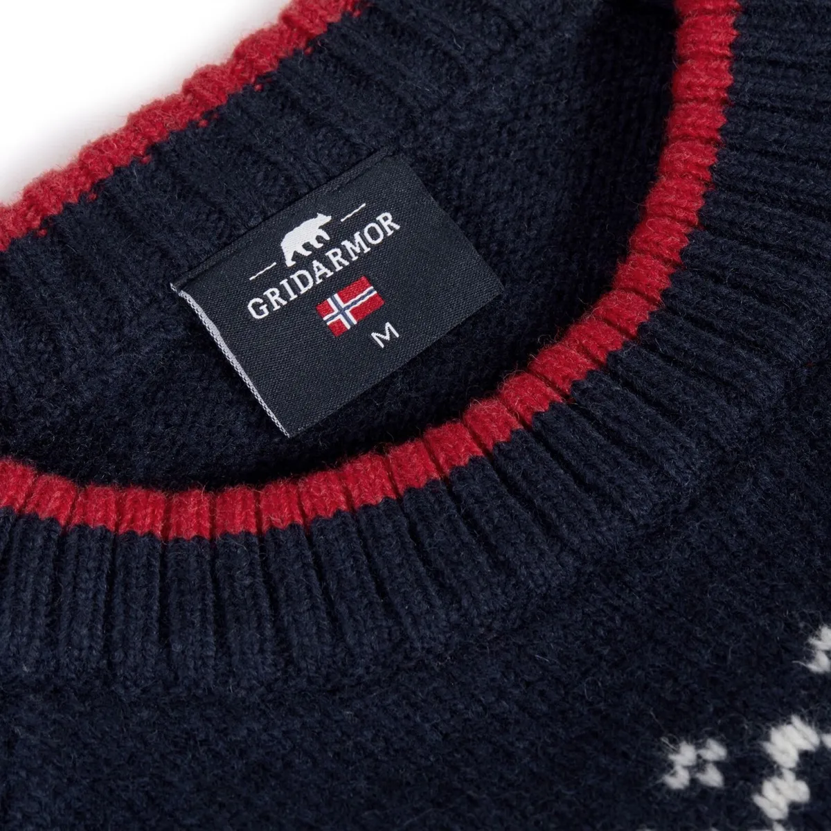Gridarmor Men's Snøkrystall Round Neck Ullgenser Navy/White/Red