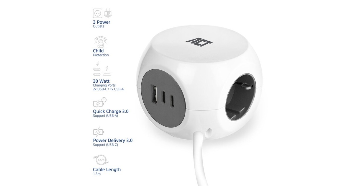 ACT ConnectivityStekkerdoos kubus met 3 stopcontacten, 30W Power Delivery USB-C/A poorten, kabellengte 1,5m stekkerdoos  (Wit, Type F)