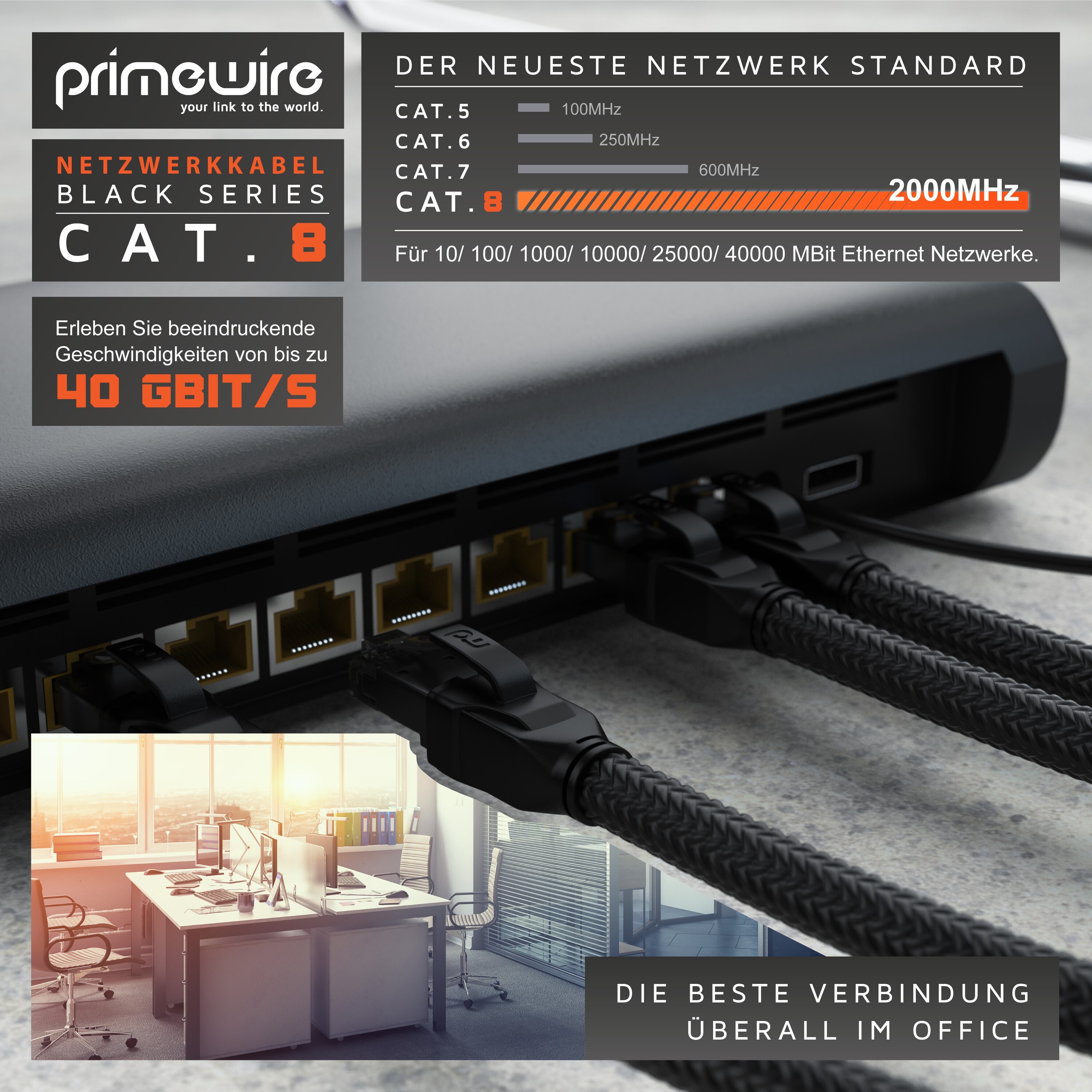 Primewire Patchkabel CAT 8 mit Baumwollummantelung, Gigabit Ethernet LAN Kabel - Black Series, 40 Gbit/s - S/FTP PIMF Schirmung, Netzwerkkabel - 5m