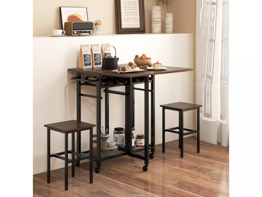 Table Pliante Interieur, Table Extensible avec 2 Tabourets, Desserte îlot Central Cuisine 39-74 cm à 5 roulettes, 2 Étagères, Porte-Bouteilles, Rallonge Rabattable, Design Compact(Marron)