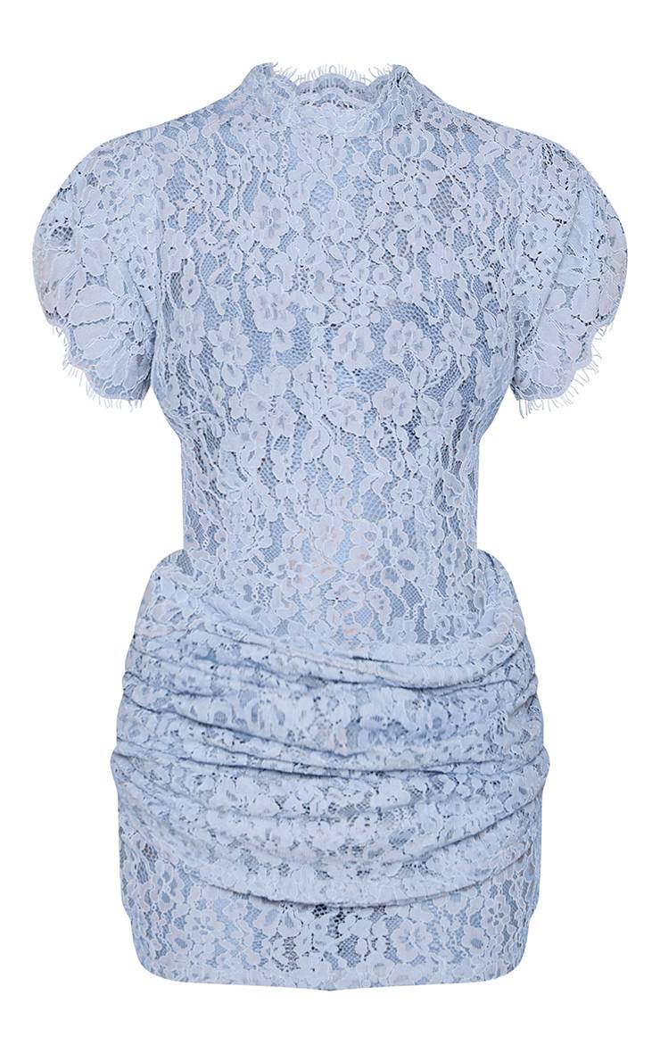 Bleu Layette Robe Mini À Manches Courtes Drapées En Dentelle Transparente