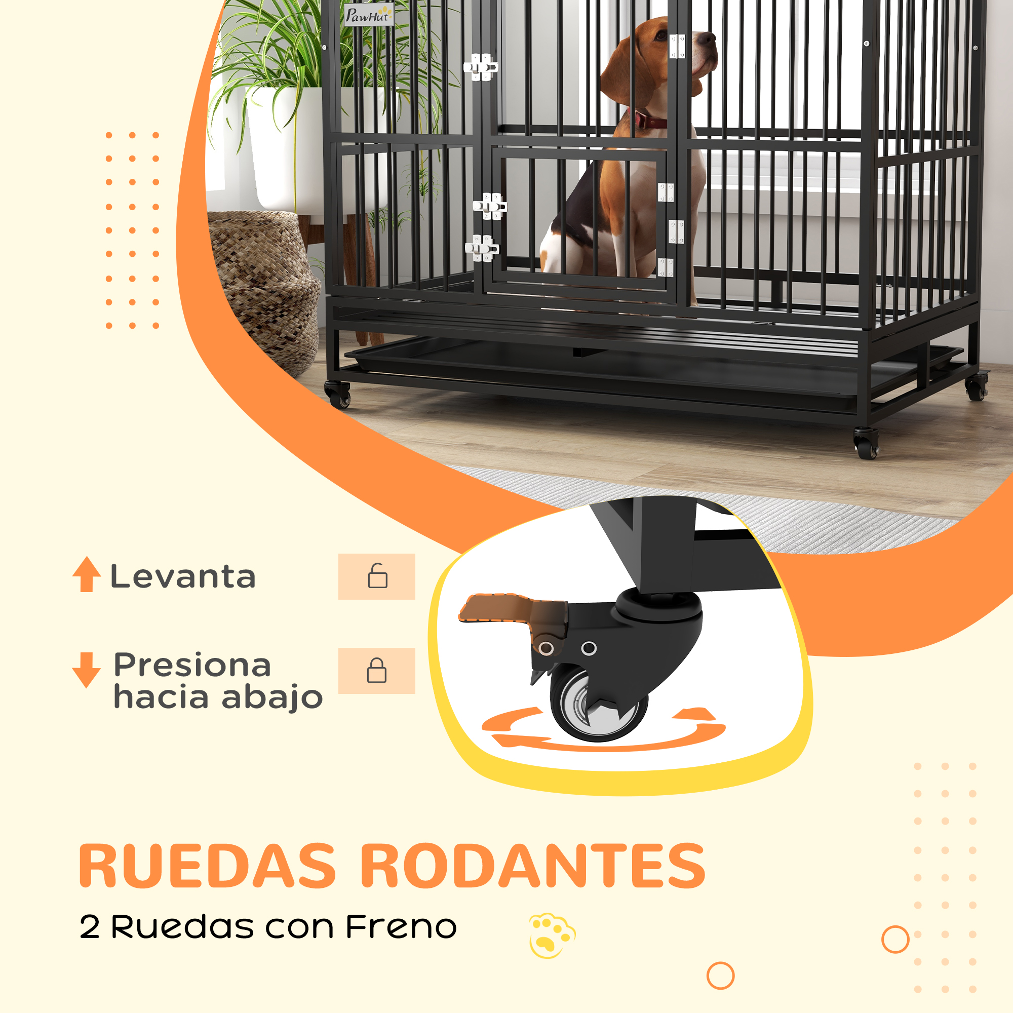 Gaiola grande para cães PawHut, 123x74x125 cm, em metal, com rodas, bandeja removível, fechaduras, 2 portas frontais, 1 porta no teto e estrutura em aço preto.