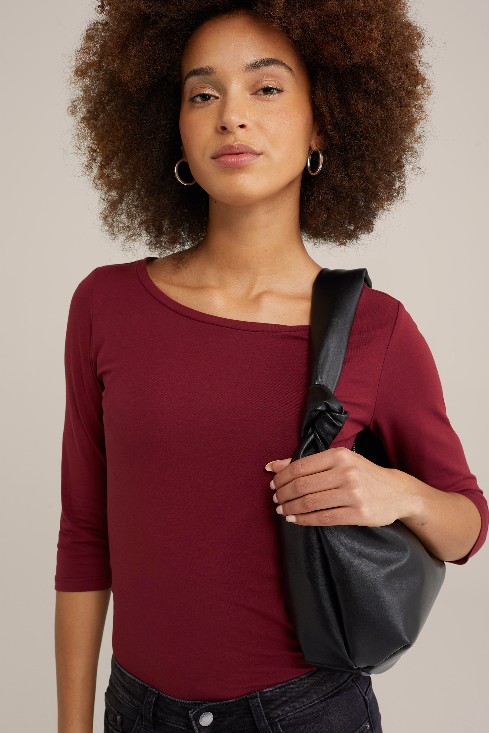T-shirt met driekwart mouwen WE Fashion Donkerrood