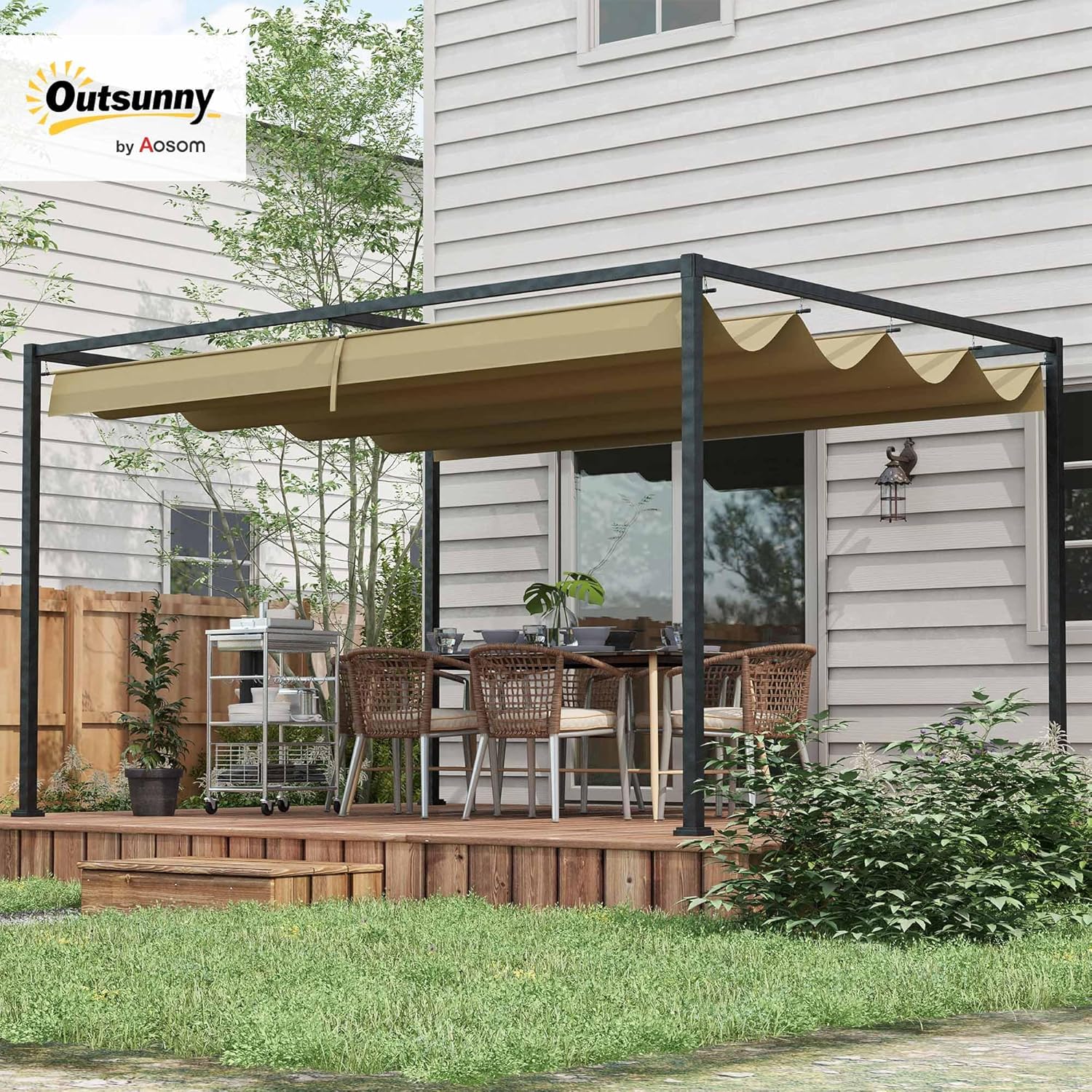 Outsunny Pergola 3x2m Garten Pavillon, Terrassendachung aus Metall, Gartenpavillon mit verstellbares Dach, Freistehend, Sonnenschutz für Terrasse und Garten, Khaki
