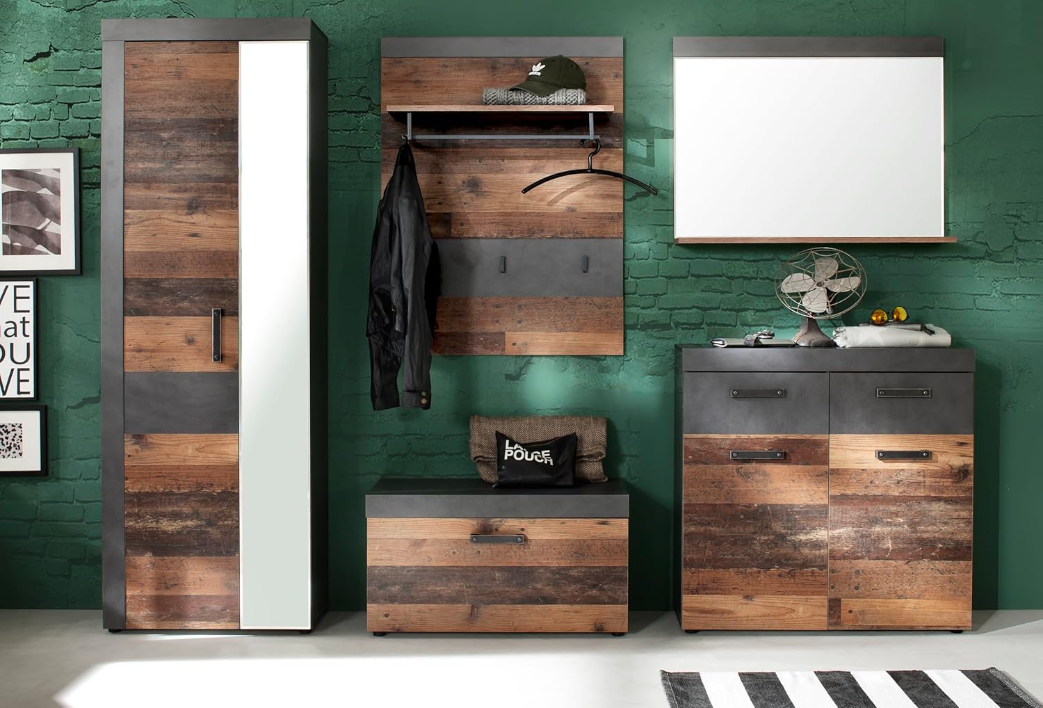 trendteam smart living - Indy - Garderobenkombination - Eiche/Grau - Garderobenschrank, Sitzbank, Paneel, Schuhschrank, Spiegel - (BxHxT) 265 x 192 x 37 cm - antikfarbene Griffe