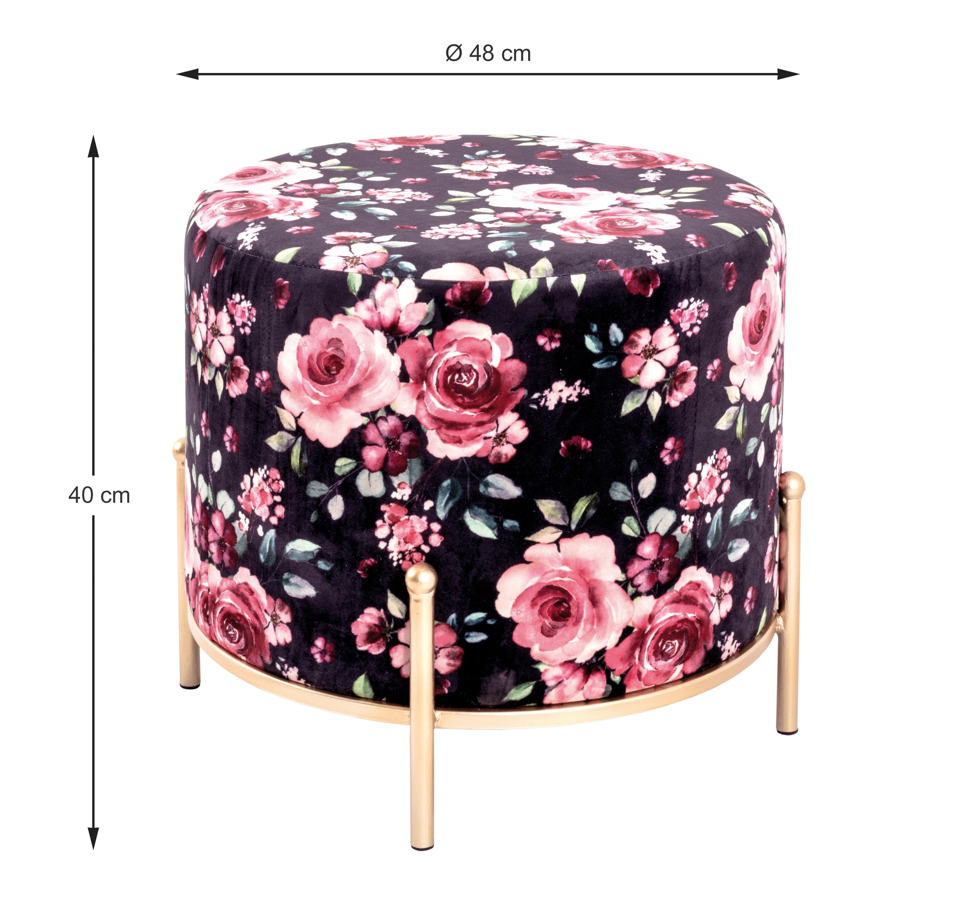 Hocker rund 48 cm Goldfarbig/ Blau Blumenmuster