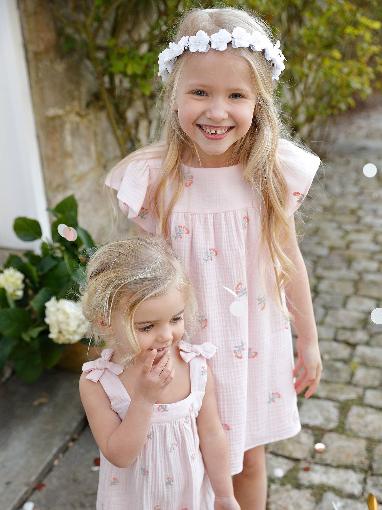 Vestido de chiffon de algodão bordado para meninas, estampa rosa claro.