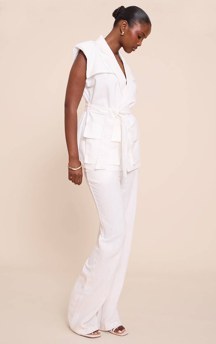 Crème Gilet Utilitaire Aspect Lin Avec Ceinture À Nouer À La Taille