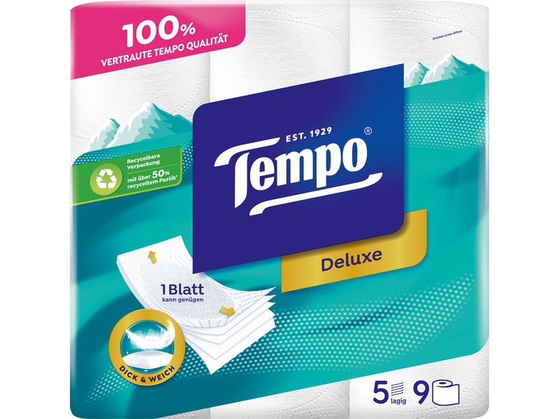 Tempo Toilettenpapier Deluxe 9 Rollen, 5-lagig, Weiss Sorgt für optimale Hygiene