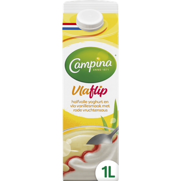 Campina Vlaflip Halfvolle Yoghurt en Vla Vanillesmaak met Rode Vruchtensaus 1 L