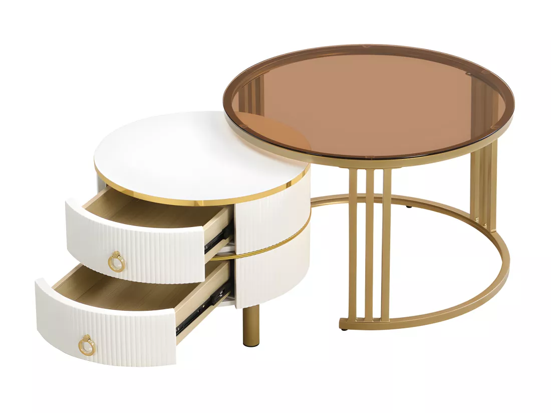 Lot de 2 tables basses gigognes avec 2 tiroirs - plateau en verre trempé Marron - Blanc