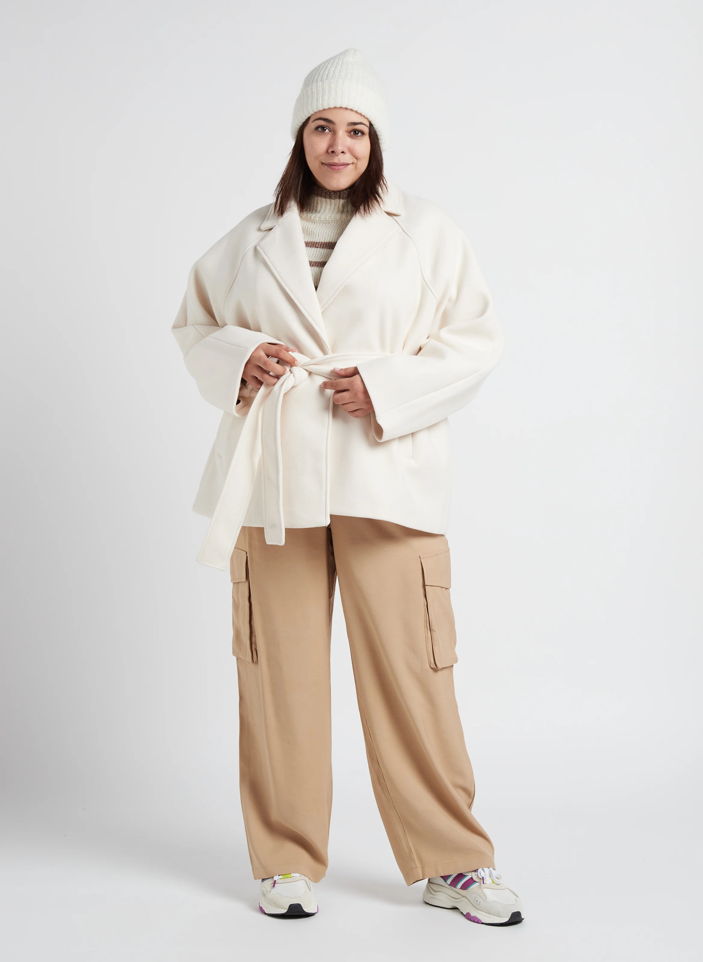 Manteau col tailleur ceinturé| Blanc