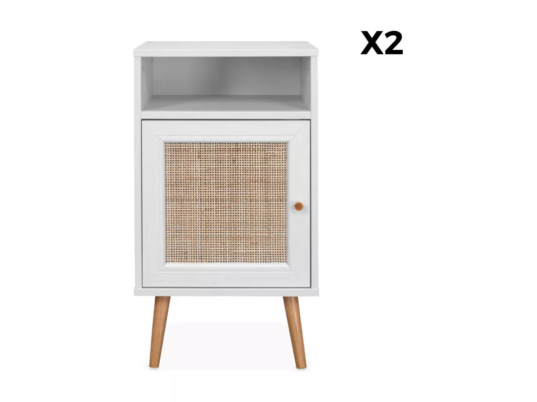 Lot de 2 tables de chevet en cannage - Bohème - 40x39x65.8cm Blanc - 2 niveaux - 1 portes - 1 espace de rangement - pieds scandinaves