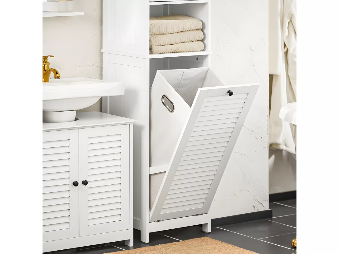 SoBuy Meuble Colonne de Salle de Bain, Placard Armoire Toilette Haute, Meuble de Salle de Bain, Meuble de Rangement avec 1 Porte, 1 Tiroir et 1 Panier à Linge Amovible, 40x38x170cm, BZR124-W