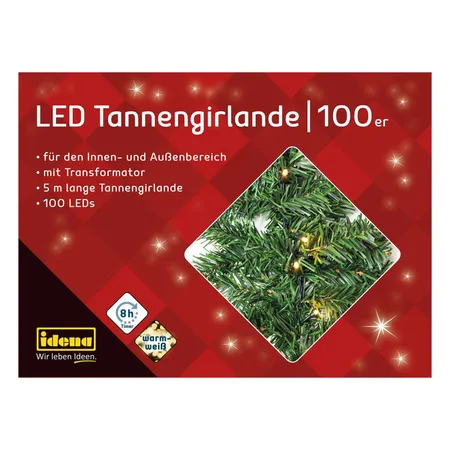 Idena 100er LED Tannengirlande, 5 m, warmweiß, für innen und außen, Timer