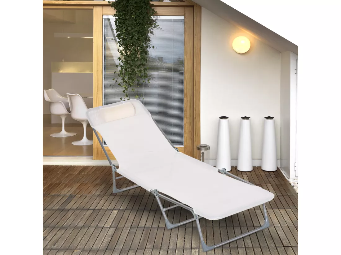 Bain de soleil transat pliable dossier réglable 5 positions acier teslin crème