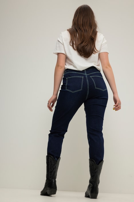 Mom-Jeans, Color-Nähte, 5-Pocket, Elastikbund, Zippfly
