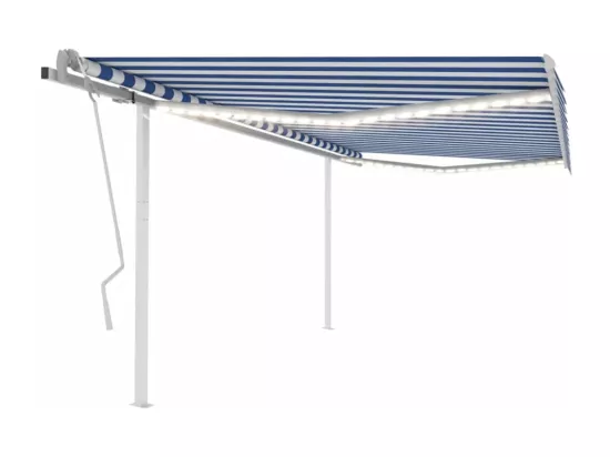 Auvent manuel rétractable avec LED 4,5x3 m Bleu et blanc