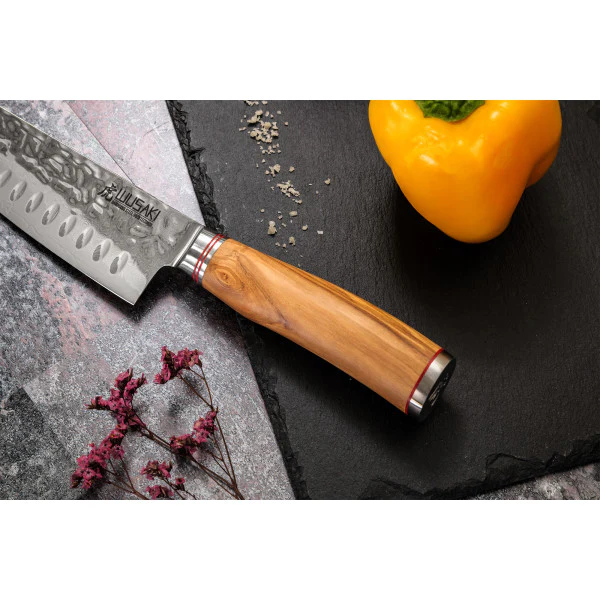 3 couteaux Wusaki Damas 10Cr en coffret élégant (santoku alvéolé, uni