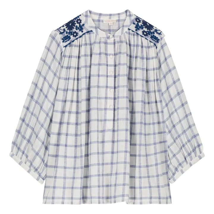Louise Misha Blouse Jeannali Carreaux Coton Bio et Lin - Collection Femme | Bleu