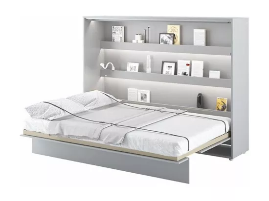 Lit escamotable horizontal avec étagères gris mat Noby 120x200-Avec matelas-Avec Led sans veilleuses