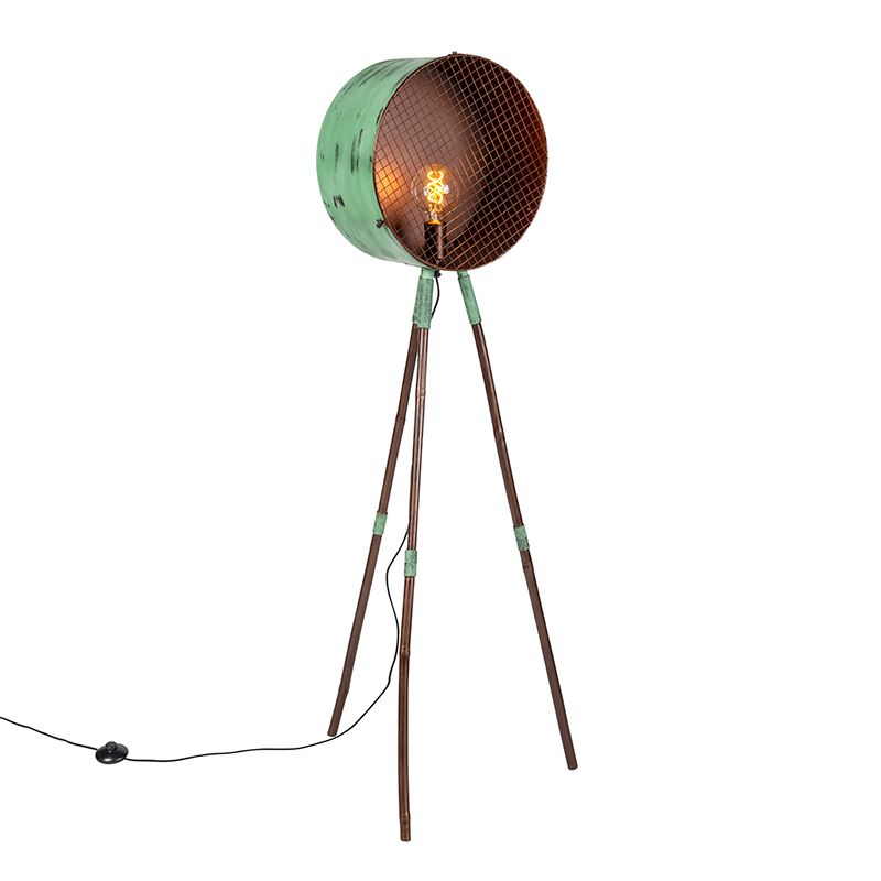 Vintage vloerlamp op bamboo driepoot groen met koper - Barrel