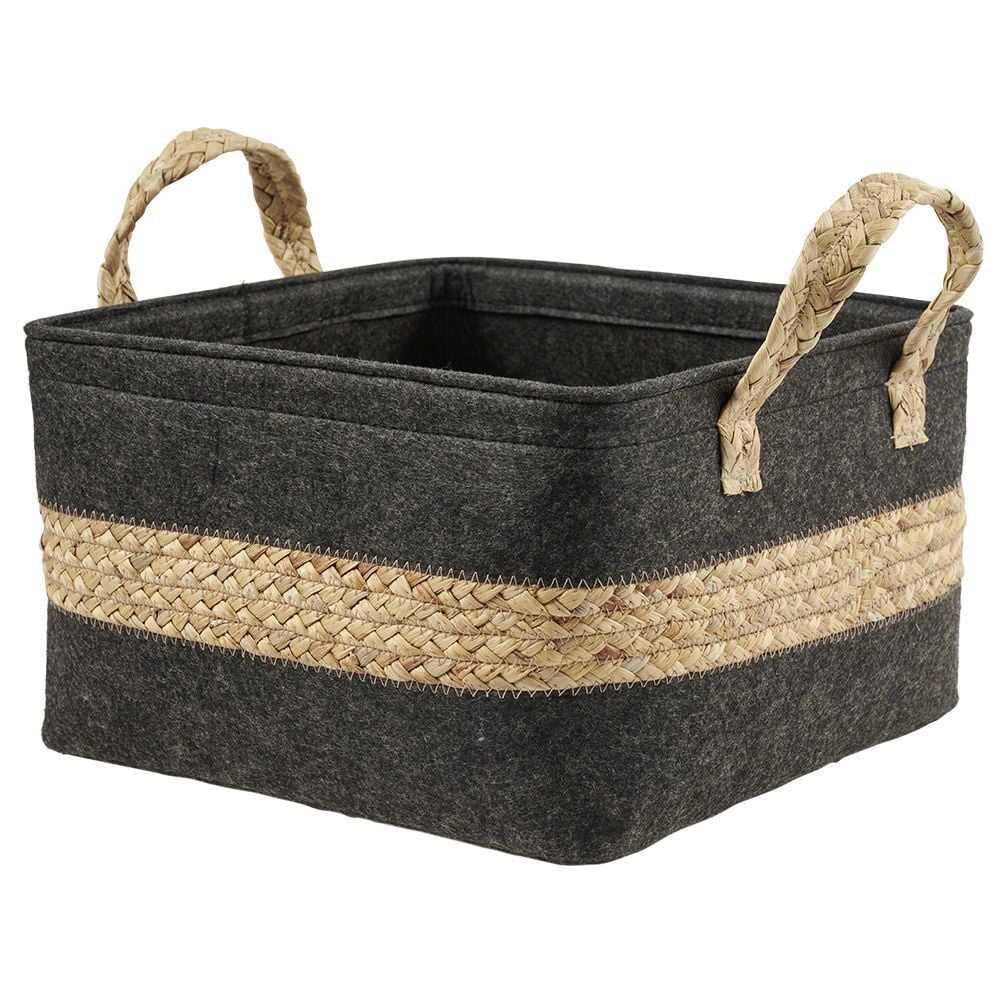 Panière en jonc de mer noir avec bande déco naturel - 32x27xH32 cm