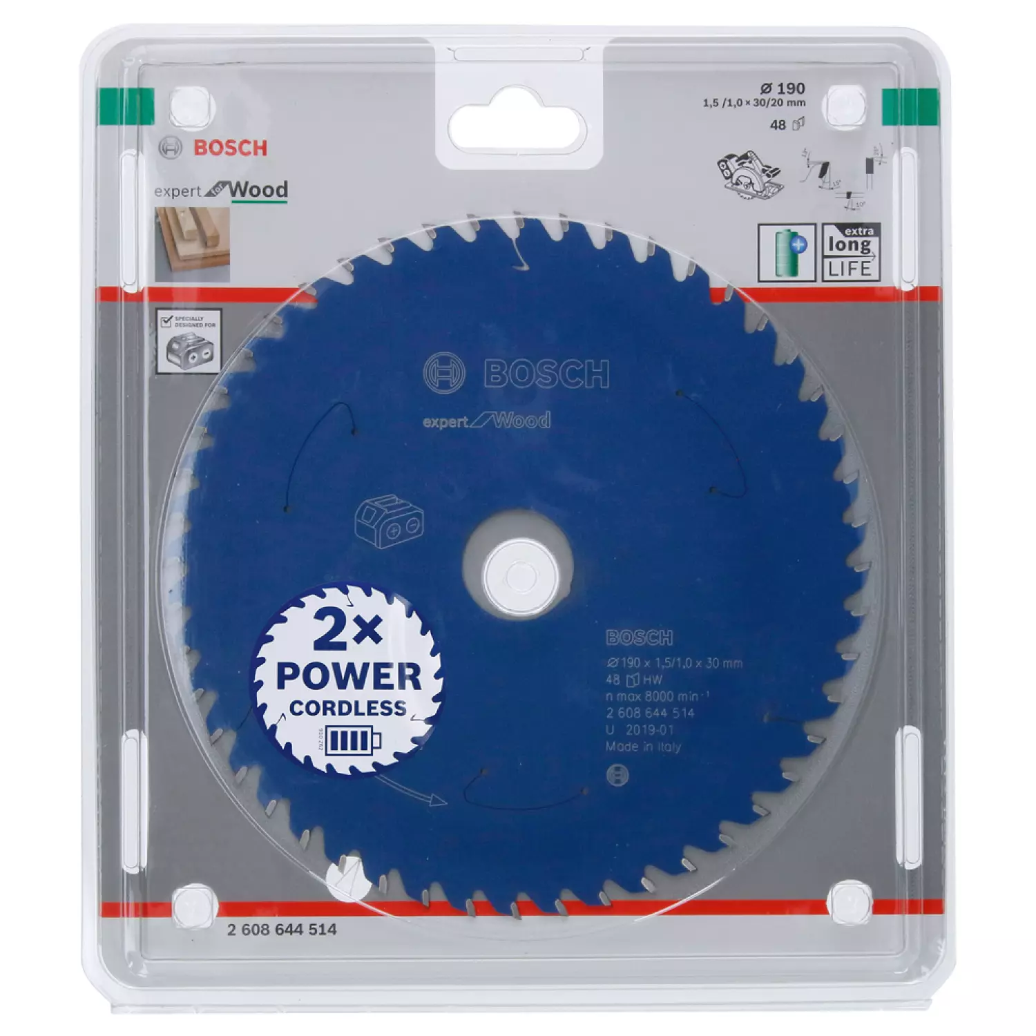 Bosch 2608644514 ExperT - Hout Cirkelzaagblad - 190 x 30 x 48T - Hout - Carbide