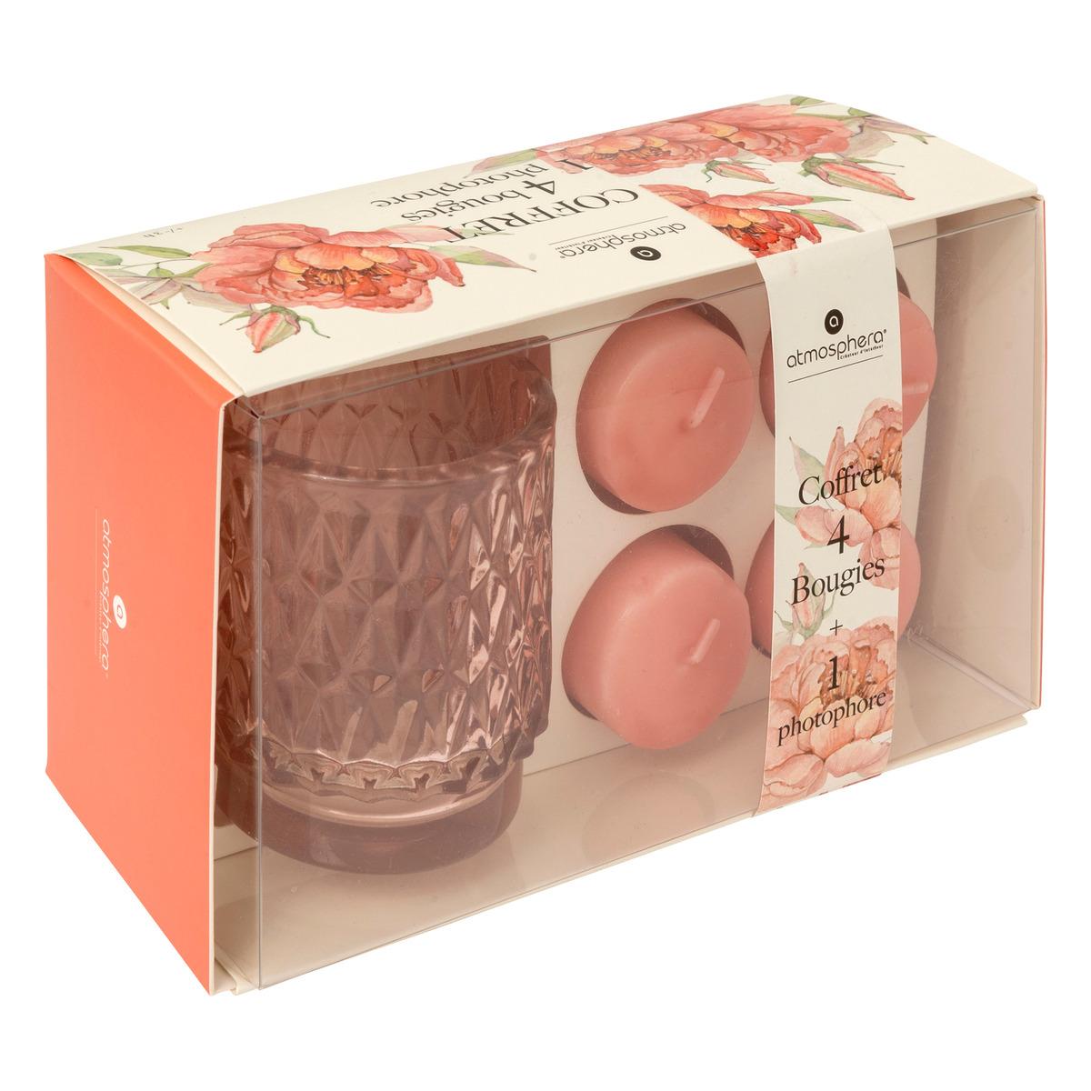 COFFRET PHOTOPHORE OUDY AVEC 4 BOUGIES ROSE