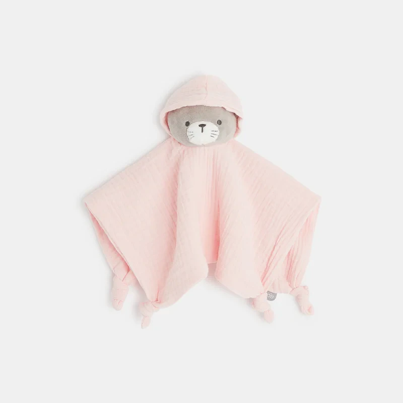 Doudou plat chat en lange de coton rose naissance Rose