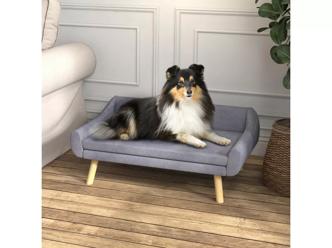 Canapé chien lit pour chien design scandinave - coussin moelleux déhoussable, pieds bois - velours gris