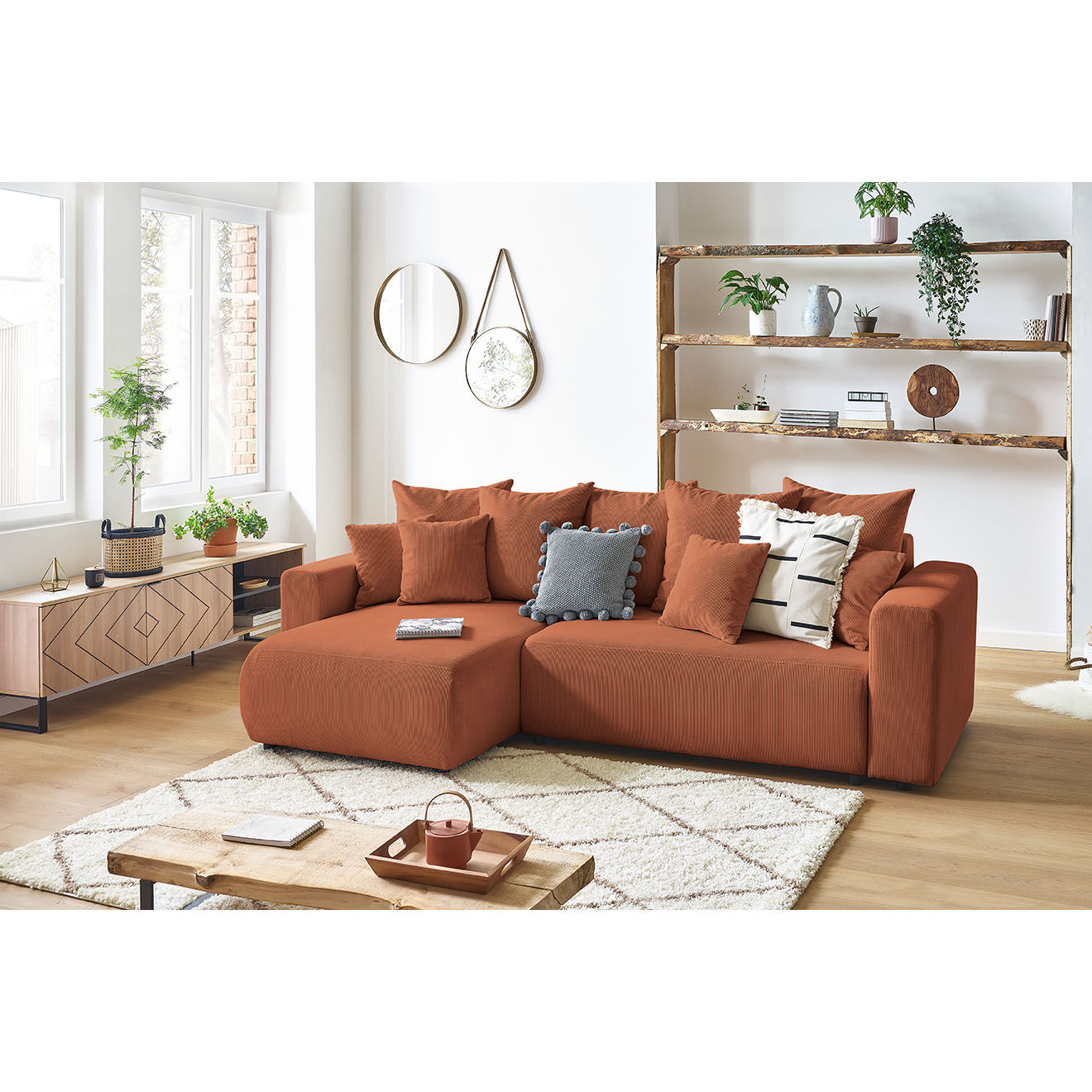 Bobochic Canapé d'angle convertible reversible velours côtelé Envy orange - 282x153x95 cm